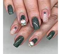 JUSTOTRY 24 Pcs Christmas Coffin False Nails Long,Green Glitter Press on Nails with Star and Santa Claus Pattern,Festival Ballarina Stick on Nails for Women Gifts,Glossy Fake Nail Medium for Nail Art