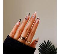 JUSTOTRY 24 Pcs Classy Swirl Almond Short False Nails,Black Press on Nails Pattern,Glossy Fake Nails Short,French Oval Medium Stick on Nail for Women and Teens Nail Art