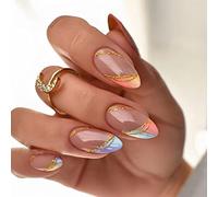 JUSTOTRY 24 Pcs Coloured Swirl Almond Short False Nails,Rainbow Press on Nails Pattern,Glossy French Fake Nails Short,Oval Stick on Nail for Women and Teens,Medium Glue on Nail for Nail Art