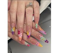 JUSTOTRY 24 Pcs Colourful Flower Stiletto Fake Nails Long,Rainbow French Press on Nails Patterns,Floral Almond Stick on Nail for Women,Acrylic Extra Long False Nail for Nail Art
