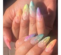 JUSTOTRY 24 Pcs Colourful Stiletto Fake Nails Long,Rainbow French Press on Nails Patterns,Almond Stick on Nail for Women,Acrylic Extra Long False Nail for Nail Art