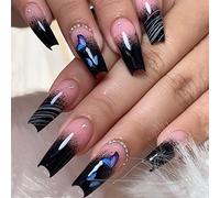 JUSTOTRY 24 Pcs False Nails Long with Butterfly,Black French Press on Nails Patterns, Ballerina Stick on Nails for Women, Acrylic Coffin Diamante Fake Nail Medium for Nail Art