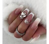 JUSTOTRY 24 Pcs False Nails Long with Jewels,Milky French Press on Nails Patterns,Glossy Ballerina Stick on Nails for Women, Acrylic Coffin Fake Nail Medium for Nail Art