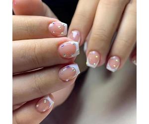 JUSTOTRY 24 Pcs False Nails Short with Diamond Pattern,Milky White French Square Press on Nails,Glossy Fake Nails Medium for Nail Art,Pretty Squoval Stick on Nail for Women Gifts