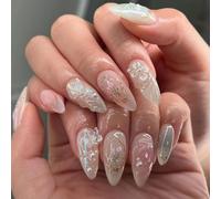 JUSTOTRY 24 Pcs Floral Almond False Nails Short,Press on Nails with 3D Sculpting Metallic Pattern,Glossy Fake Nails Medium for Nail Art,French Oval Pearls Stick on Nail for Women Gifts