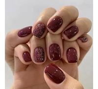 JUSTOTRY 24 Pcs Glitter Red False Nails Short Pattern,Burgundy Solid French Square Press on Nails,Glossy Fake Nails Medium for Nails Art,Classy Squoval Stick on Nails for Women Gifts