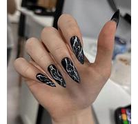 JUSTOTRY 24 Pcs Glitter Stiletto Fake Nails Long,Black French Press on Nails Patterns, Beautiful Swirl Almond Stick on Nail for Women, Acrylic Extra Long False Nail for Nail Art