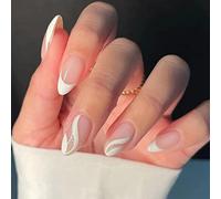 JUSTOTRY 24 Pcs Glitter Swirl Almond Short False Nails,White Press on Nails Pattern,Glossy Fake Nails Short,French Oval Medium Stick on Nail for Women and Teens Nail Art