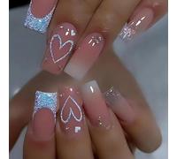 JUSTOTRY 24 Pcs Glitter White French Coffin False Nails Long,Pink Press on Nails with Heart Pattern,Pretty Ballarina Stick on Nails for Women Gifts,Glossy Fake Nail Medium for Nail Art