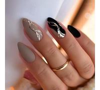 JUSTOTRY 24 Pcs Gold Swirl Almond Press on Nails Short Designs,Matte Brown and Black False Nails Oval,French Stick on Nails for Women and Teens,Pretty Fake Nail for Nail Art