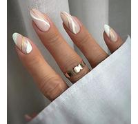 JUSTOTRY 24 Pcs Gold Swirl Almond Short False Nails Pattern,White French Tip Press on Nails,Glossy Fake Nails Medium for Nail Art,Pretty Oval Stick on Nail for Women and Teens Gifts