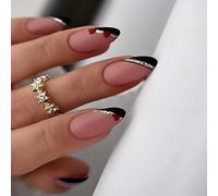 JUSTOTRY 24 Pcs Gold Swirl Stiletto False Nails Short with Heart,Black French Press on Nails,Fake Nails Short,Almond Stick on Nail for Women Nail Art