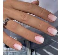 JUSTOTRY 24 Pcs Gradient Pink Short False Nails Pattern,White Solid Square Press on Nails,Glossy Fake Nails Medium for Nail Art,Squoval French Stick on Nail for Women and Teens Gifts