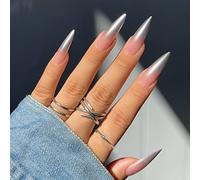 JUSTOTRY 24 Pcs Gradient Stiletto French Tip Press on Nails Long Designs,Glossy Silvery False Nails,Almond Stick on Nails for Women and Teens,Extra Long Fake Nail for Nail Art