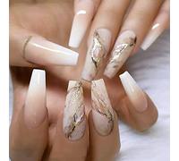 JUSTOTRY 24 Pcs Marble Fake Nails Long, Gold Swirl French Press on Nails Patterns, Pretty Medium Ballerina Stick on Nail for Women, Acrylic Coffin Crystal False Nail for Nail Art