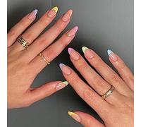 JUSTOTRY 24 Pcs Multicoloured Almond Short False Nails,Rainbow French Press on Nails Pattern,Glossy Fake Nails Short,Oval Medium Stick on Nail for Women and Teens Nail Art