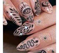 JUSTOTRY 24 Pcs Oval Short False Nails with Snake and Star Pattern,Black French Press on Nail,Fake Nails Short,Almond Medium Stick on Nail for Women,Nails Fake for Nail Art