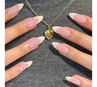 JUSTOTRY 24 Pcs Pearls Short False Nails Stiletto,Beige French Press on Nails Pattern,Diamante Fake Nail Short,Almond Stick on Nail for Women,Nails Fake Nail Medium for Nail Art