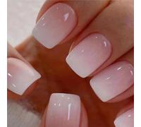 JUSTOTRY 24 Pcs Pink Solid False Nails Short,Gradient Square Press on Nails Pattern,Glossy Fake Nails Medium for Nail Art,French Squoval Stick on Nail for Women Gifts