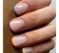 JUSTOTRY 24 Pcs Rainbow Square Short False Nails with Pearls,Multicoloured French Press on Nails Pattern,Fake Nail Medium,Stick on Nail for Women,Squoval Nails Fake Nail for Nail Art