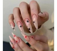 JUSTOTRY 24 Pcs Red and Black Heart Stiletto Fake Nails Long,Nude French Press on Nails Patterns,Diamond Almond Stick on Nail for Women,Acrylic Extra Long False Nail for Nail Art