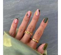 JUSTOTRY 24 Pcs Short False Nails Olive Square, Green French Press on Nails Pattern, Pretty Pink Fake Nail Short,Stick on Nail for Women, Squoval Nails Fake Nail for Nail Art