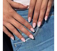 JUSTOTRY 24 Pcs Short False Nails Oval,White French Press on Nails Pattern,Nude Fake Nail Short,Almond Stick on Nail for Women,Nails Fake Nail Medium for Nail Art
