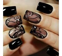 JUSTOTRY 24 Pcs Short False Nails with Butterfly and Diamond Pattern,Black Square Press on Nails,Glossy Fake Nails Medium for Nails Art,French Squoval Stick on Nail for Women Gifts