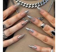 JUSTOTRY 24 Pcs Silver French Almond Press on Nails Short,Swirl False Nails with 3D Sculpting Metallic Pattern,Glossy Fake Nails Medium for Nail Art,Oval Stick on Nail for Women Gifts