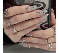 JUSTOTRY 24 Pcs Silvery Swirl Almond Short False Nails,Pearls Press on Nails Pattern,Glossy Pink Fake Nails Short,Oval French Medium Stick on Nail for Women and Teens Nail Art