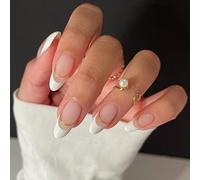 JUSTOTRY 24 Pcs Stiletto False Nails Short, Milky and Gold French Press on Nail Pattern, Cute Nude Fake Nails Short, Almond Stick on Nail for Women, Nails Fake for Nail Art