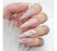 JUSTOTRY 24 Pcs Stiletto Marble Fake Nails Long,Peach French Press on Nails Patterns, Beautiful Swirl Almond Stick on Nail for Women, Acrylic Extra Long False Nail for Nail Art