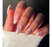 JUSTOTRY 24 Pcs Striped Almond Short False Nails,White French Press on Nails Pattern,Glossy Swirl Fake Nail Short,Oval Medium Stick on Nail for Women and Teens Nails Art