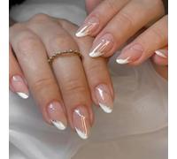 JUSTOTRY 24 Pcs Swirl Almond Short False Nails Pattern,White Stiletto Press on Nails,Glossy Fake Nails Medium for Nail Art,French Oval Stick on Nail for Women and Teens Gifts