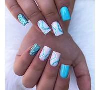 JUSTOTRY 24 Pcs Swirl Press on Nails Square Designs,Aqua Blue False Nails Short,Pretty Glitter Stick on Nails for Women,Glossy French Squoval Fake Nail Medium for Nail Art Gifts