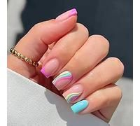 JUSTOTRY 24 Pcs Swirl Square False Nails Short, Rainbow French Press on Nail with Wavy Pattern,Fake Nails Short, Pastel Stick on Nail for Women,Nails Fake for Nail Art