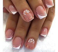 JUSTOTRY 24 Pcs White and Rose False Nails Short,Square Press on Nails with Leaf Pattern,Glossy Fake Nails Medium for Nail Art,Glitter French Squoval Stick on Nail for Women Gifts