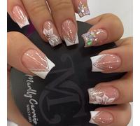 JUSTOTRY 24 Pcs White French Coffin False Nails Medium,Glitter Press on Nails with Flower Pattern,Pretty Ballarina Stick on Nails for Women Gifts,Glossy Fake Nail Long for Nail Art