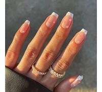 JUSTOTRY 24 Pcs White French Press on Nails Short Designs,Glossy Pearls False Nails Square,Nude Stick on Nails for Women and Teens,Squoval Fake Nail for Nail Art