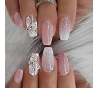 JUSTOTRY 24 Pcs White Glitter French Coffin False Nails Long,Pink Press on Nails with Flower Pattern,Pretty Ballarina Stick on Nails for Women Gifts,Glossy Fake Nail Medium for Nail Art