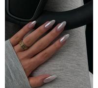 JUSTOTRY 24 Pcs White Mirror Almond Press on Nails Short,Chrome Solid Fake Nails Pattern,Glossy French False Nails Medium for Nail Art,Oval Stick on Nail for Women Gifts