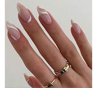 JUSTOTRY 24 Pcs White Striped Short False Nails Almond,French Press on Nails Pattern, Trendy Swirl Fake Nail Short,Medium Stick on Nail for Women,Nails Fake Nail for Nail Art