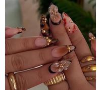 JUSTOTRY Pack of 24 Brown and Red Nails for Sticking, Short, Almond Press On Nails with 3D Sculpting Metallic Pattern, Glossy Oval False Nails, Medium, French Flower Fingernails for Sticking on for