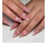 JUSTOTRY Pack of 24 Butterfly Nails for Sticking, Short, Almond Press On Nails with 3D Sculpting Metallic Pattern, Glossy Pink Oval False Nails, Medium, French Fingernails, Artificial Nails for Women