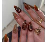 JUSTOTRY Pack of 24 Caramel Nails for Sticking, Short, Gold Swirl Square Press On Nails with Butterfly Pattern, Glossy French Fake Nails, Medium, Square Fingernails for Sticking on for Women