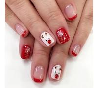 JUSTOTRY Pack of 24 Christmas Nails for Sticking, Short, Red Square Press On Nails with Snowflake and Reindeer Pattern, Festival Fake Nails, Medium, French Square Artificial Nails for Sticking on for
