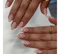 JUSTOTRY Pack of 24 Gradient Pink Fingernails for Sticking, Short, White Almond Press On Nails with Spot Design, Glossy Oval False Nails, Medium, French Nails for Sticking on for Women