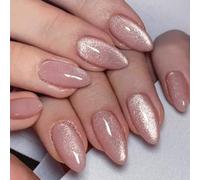 JUSTOTRY Pack of 24 Pink Cat Eye Nails for Sticking, Short, Peach Glitter Almond Press On Nails Pattern, Glossy Cateye Oval Artificial Nails, Fake Nails, Medium, French Fingernails, Artificial Nails