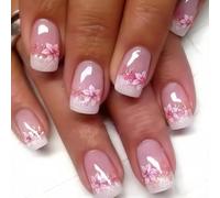 JUSTOTRY Pack of 24 Rose and White Nails for Sticking, Short, Square, Press On Nails with Flower Pattern, Glossy Fake Nails, Medium, French Square False Nails for Sticking on for Women