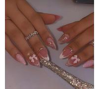 JUSTOTRY Pack of 24 White Stick-On Fingernails, Short, Butterfly Almond Press On Nails with 3D Sculpting Metallic, Glossy Oval False Nails, Medium, French Glitter Nails for Sticking on for Women